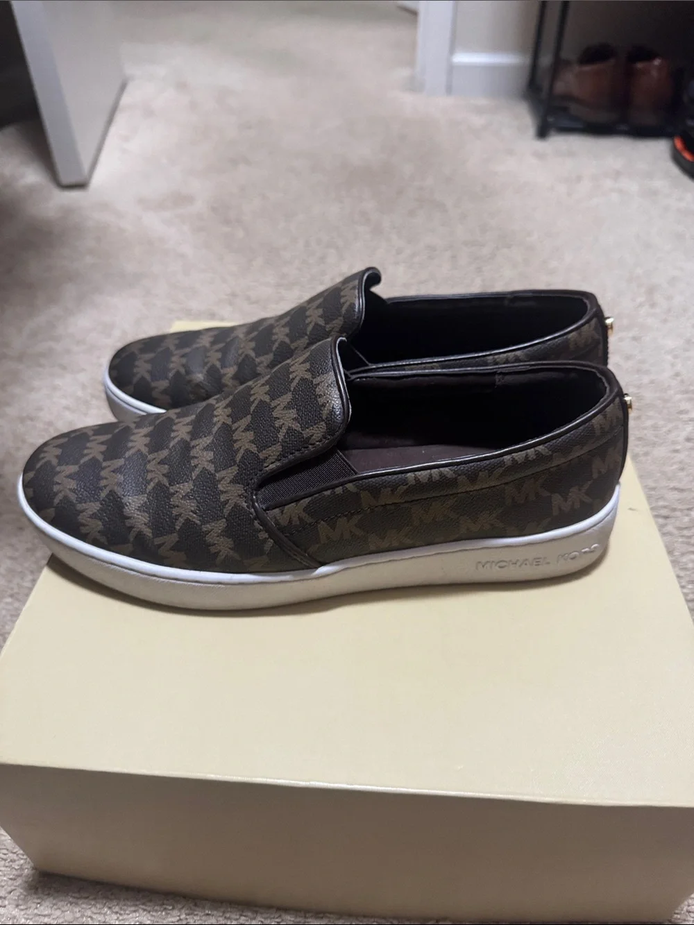 Michael Kors Brown MK Monogram Slip-On Sneakers with White Outsole